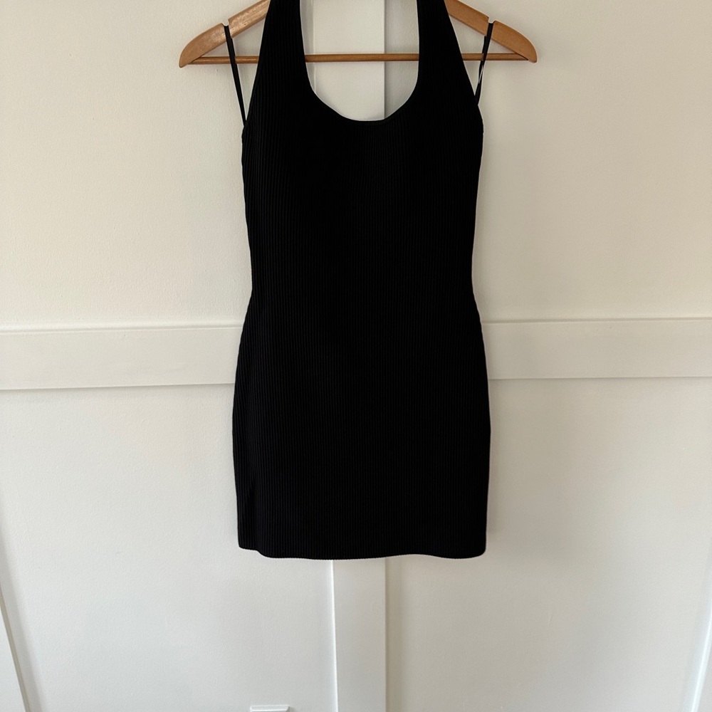 Babaton Black Ribbed knit Scoop-Neck halter  Mini Dress